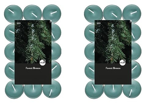 Teelichter Duft 2x30 Stück (60 Teelichter) - Brenndauer: 4,5 Std., Rußfrei - für Windlicht, Teelicht-Glas, Kerzenständer - Weihnachten, Deko, Hochzeit, Gastro (Grün - Duft: Forest Breeze)