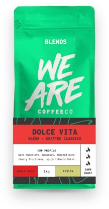 We Are Coffee Co Dolce Vita Dark Roast Whole Bean Coffee, 1kg, Rich and Smooth Crafted Blend, Small Batch Roasted in Glasgow