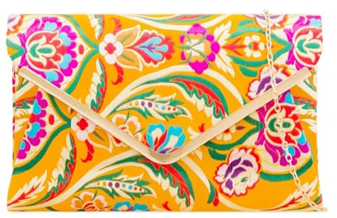 UShopUK Bolso de mano de satén floral multicolor para novia, graduación, boda, noche, fiesta, bolso de mano, Amarillo, medium