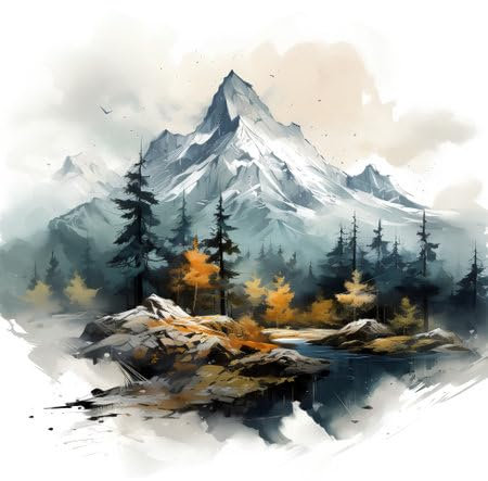 adrium Holz-Bild 40 x 40 cm: Berge, Wald und See in den Bergen. Digitale Zeichnung. (213120099)