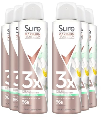 Sure Antiperspirant Freesia & Water Lily 96H Nonstop Sweat and Odour Protection Alcohol-Free Body Spray with Light and Fresh Scent Deodorant for Women, 150ml Pack of 6