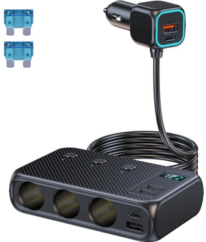 Thlevel 12V Répartiteur Allume-Cigare Chargeur de Voiture 171W QC 3.0 USB PD Type C avec Voltmètre LED et Interrupteur Câble 70cm pour 12V/24V Camping-Car Bateau