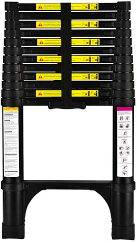 HBTower Telescopic Ladder with Non-Slip Feet, 3.8M/12.5FT Thickened High-Strength Aluminum Extendable ladders, Adjustable Height Collapsible Ladder for Caravans lofts, outdoors and Interiors,Black