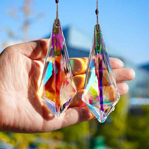 H&D HYALINE & DORA 4.7 AB Coating Crystal Horns Prisms Suncatchers for Windows,Set of 2 Rainbow Maker Hanging Prisms for Wedding Party Christmas Tree Garlands Decoration