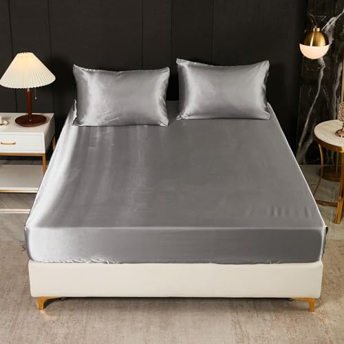 Freyamy Spannbettlaken 160x200cm Grau Satin Luxus Spannbetttuch Unifarben Seide Glänzend Spannbetttücher Uni Seidig Glatt Sommer Spannleintuch Bettlaken für bis 25-35cm Matraze Spannbetttücher