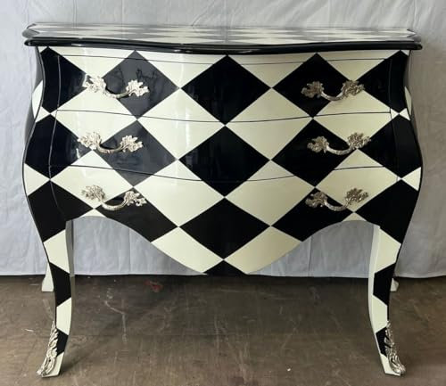 Casa Padrino cómoda Barroco con diseño de Cuadros y 3 cajones Negro/Blanco/Plata - Muebles barrocos