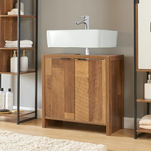 [en.casa] Armadio Sottolavabo Mobile Sotto Lavandino Armadio da Bagno a 2 Ante e Spazio Stoccaggio 60 x 60 x 30 cm Effetto Legno Intarsiato color Noce