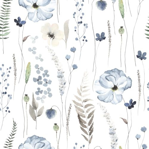 VEELIKE Watercolor Blue Floral Wallpaper Boho Fern Botanical Wallpaper Peel and Stick White Leaf Contact Paper for Furniture Patterned Wallpaper for Bedroom Bathroom Nursery Removable 44.5cm x 300cm