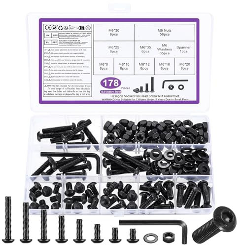 178 Pz M6 Set di Viti e Dadi, M6 Bulloni a Testa Esagonale Tonda, Viti e dadi e Rondella, Bullone a Esagonale, Bullone a Testa Brugola, Nero