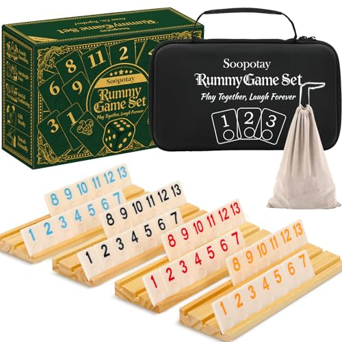 SOOPOTAY Rummy Cup Brettspiel Für 2–4 Spieler – 106 Melamin-Fliesen, 4 Holzhalter, Premium-Koffer & Beutel – Reisespiel für Erwachsene