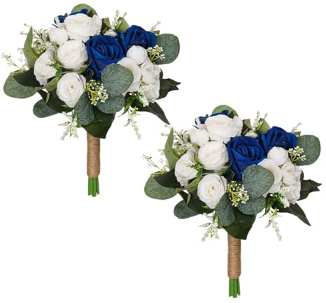 JOYWU White Wedding Bouquets,2 Pcs 27 x 24cm Bridesmaid Bride Rose Flowers Toss Bouquets with Jute Handle,Leaves and Berries,Red Blue Romantic Wedding Flowers,Wedding Party Church Decoration (blue)