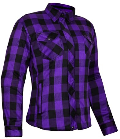 GREAT BIKERS GEAR - Women Motorcycle Flannel Checkered Motorbike Shirt Reinforced with Protective Aramid Lining Fabric with Free Ce Protectors Purple