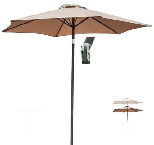 ZIUSFAC Redonda Sombrilla Parasol 180cm 200cm 230cm Parasol Terraza Pequeña, Altura Ajustable, Sombrilla De Jardín Portátil Sombrilla De Mercado para Patio Balcón(Khaki,180cm/5.9ft)