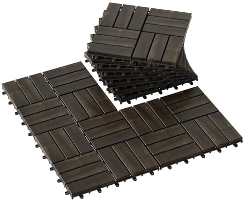 Rovibek 10PCS Deck Tiles, Acacia Wood Interlocking Deck Tiles, Waterproof Decking Tiles for Outdoor Patio Flooring, 12 x 12 Balcony Backyard Poolside Indoor & Outdoor Deck Tiles, Checker Dark Brown