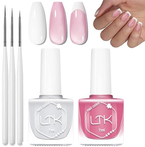 French Manicure Nail Polish Kit, Jelly Pink and White Quick Dry Nail Varnish Set with 3Pcs Ultra Thin Nail Art Pen, French Gel Polish for Women Girls Nail Art Home - No Need UV/LED Lamp