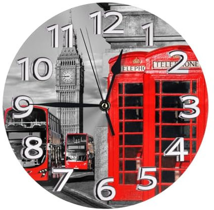 SMSJTMWHN England UK London Telephone Clock Number Round Wall Clock Silent Non-Ticking Design, Environmentally Friendly & Customizable for Kitchen, Office, Classroom 10 Inch