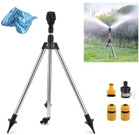 360° Automatic Rotating Tripod Sprinkler for Yard and Gardens Large Area, Heavy Duty Impact Tripod Sprinkler with Rotating Sprinkler System, Includes 4*Connect Kit + Blue Towel for Irrigation