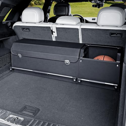 XCF Auto Kofferraum Organizer mit Deckel – 2-in-1 Modulares XXL-Kofferraumtasche, Multifunktionaler Aufbewahrungsbox aus Leder, ABS-verstärkter Rahmen & Push-Pull-Griff (104x29x31cm, Schwarz)