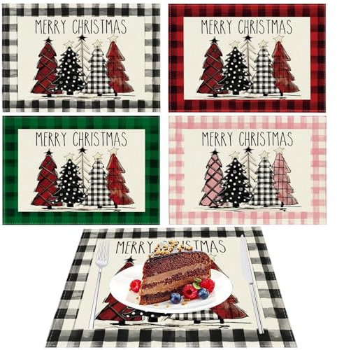 FOSDICK 4 Pezzi Tovagliette Natalizie, Lino Tovagliette Americane Natalizie Lavabili, Classico Bordo a Quadri Tovagliette Natale in 4 Colori, Tovaglietta Natalizie per Tavolo da Cucina, 45 x 30 cm