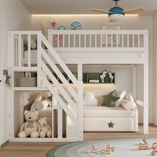 A ALFRESCOOL Kinderbett 90x200cm, Jugendbett, Etagenbett, Hochbett, Treppe mit Aufbewahrungsschrank, Massivholzrahmen, Hohe Ausführung, Darunter EIN Sofa oder Bett, 205×142×173cm (Weiß)