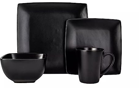 Bosa Square Stoneware Dinner Set, 16 Piece, Black