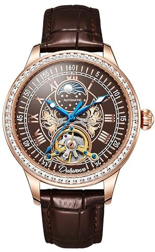 W WOLF-CUB herrklockor vattentäta månfas herrklockor automatisk mekanisk klocka Tourbillon klocka rostfritt stål/läderrem herrklockor, kaffe läder, Sport och affärer