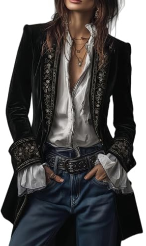 Velvet Blazer Jackets for Women, Vintage Embroidered Pirate Coat, Victorian Solid Color Long Coat, Renaissance Gothic Top (Black,M)