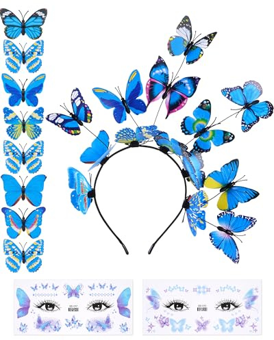 ETOFETE Schmetterling Haarreif Stirnband und 8 Stück Schmetterling Haarspange Haarschmuck 2 Stück Tattoo Gesicht, Schmetterlinge Accessoires Kopfschmuck fur Hochzeit Fasching Karneval