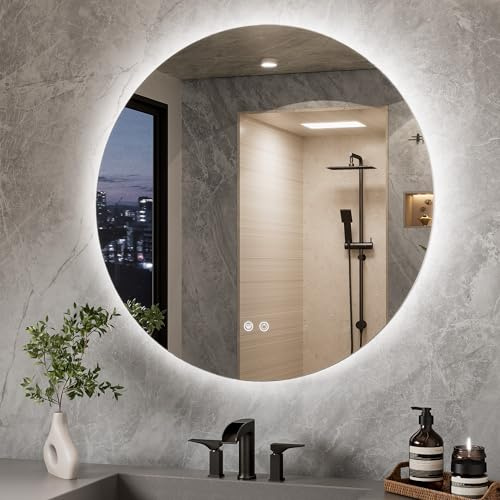 TETOTE Badspiegel mit Beleuchtung 80cm, Rund Badezimmerspiegel, Badezimmer Wandspiegel Ohne Rahmen, Led Badspiegel mit 3 Lichtfarben Dimmbarer,Antibeschlag, Speicherfunktion, IP44