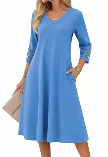 Zeagoo Womens Summer Dress 3/4 Sleeve Dresses V-Neck Elegant Tunic Dress | A-Line Flowy Dresses|Eyelet Mididress|Sundress with Pockets| Solid Color|Loose|Classic|S-XXL
