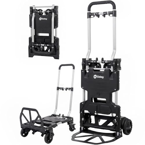 Sekey 2-in-1 Sackkarre Klappbar, Transportwagen & Plattformwagen 150 kg | Aluminium Transportkarre mit TPR-Doppellagerräder, Bremse & Ergonomischem Griff, Schwarz