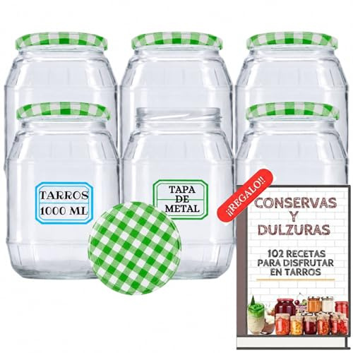 MundoTarros Tarros Herméticos de Cristal 1 Litro, Botes de Vidrio 1000 ml para Conservas, Pasta, Arroz, Legumbres, Cereales, Harina, Azúcar, Café y Despensa, con Etiquetas y Recetario PDF