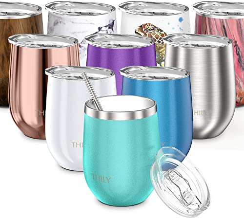 THILY T1 Weinglas aus Edelstahl, dreifach vakuumisoliert, mit Deckel und wiederverwendbarem Strohhalm, 340 ml, hält Getränke kalt oder heiß, Blaugrün