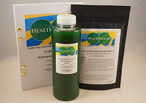 HealthAlgae Spirulina platensis Vivante (500 ML) + 10 L de Milieu de Culture de spiruline Sec SSD1 + 2 - Culture d'algues + Engrais (500+10)