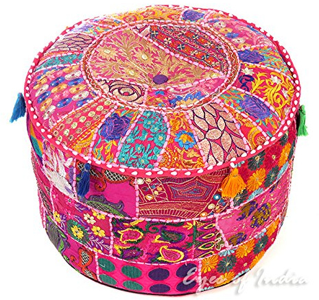 Eyes of India - Bunt Flickwerk Rund Polsterhocker Sitzkissen Abdeckung Boden Sitz Boho Chic Bohemian Akzent Indische Handarbeit - Rosa, 17 X 12 in. (43 X 30 cm)
