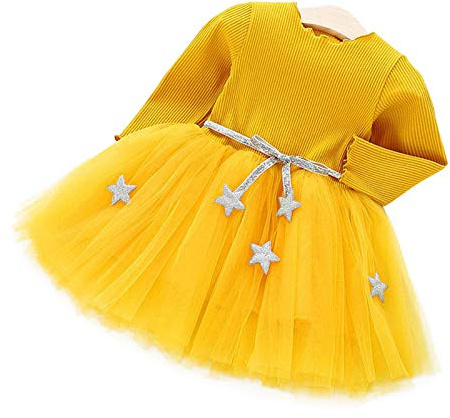 Hztyyier Vestido de tutú para bebés con Mangas largas Vestido de Princesa Infantil Falda Mezcla algodón Cintura Estrellas Amarillo para Fiesta
