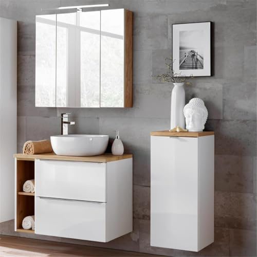 Lomadox Komplett Badmöbel Set mit Keramik-Aufsatzwaschbecken, Wotaneiche & Hochglanz weiß, inkl. LED-Spiegelschrank 3D