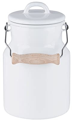 Riess, 0457-033, Oma's Milchkanne 1.5 Liter, CLASSIC-WEISS, Höhe 19.2 cm, Durchmesser 13 cm, mit Emaille-Deckel und Holzgriff, weiß