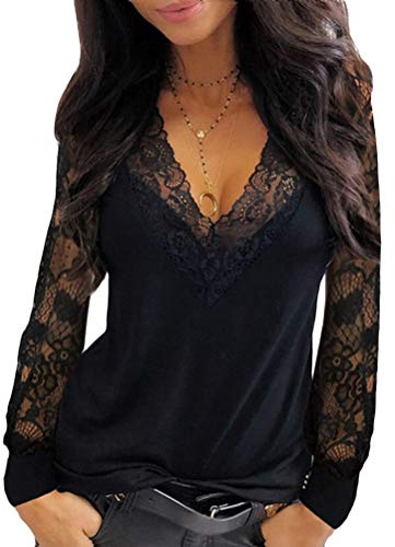 Onsoyours Femme Col V Tops Dentelle Blouse Tee Shirt Slim Haut Sexy Manches Longue Épaules Dénudées T Shirt A Noir S