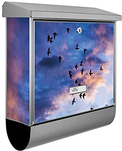 banjado® Burgwächter Briefkasten Edelstahl 38x39x12cm mit Motiv Vögel am Himmel 3 / Briefkasten Edelstahl ohne Zeitungsfach/Briefkasten grau/Postkasten inkl. Montagematerial & 2 Schlüsseln