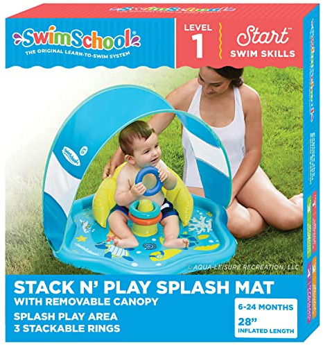 SwimSchool Baby Splash Play Mat with Adjustable Canopy – Inflatable Play Pool for Babies & Infants with Backrest – Includes Baby Water Toy Rings – Seafoam Blue Lemon