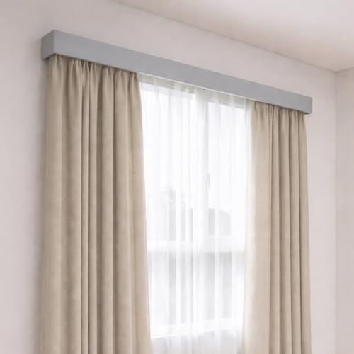 zshine Wall Mount Curtain Pelmet with Double Curtain Track, 3-in-1 Hidden Curtain Box Cover with Decorative Valance Panel for Window Curtains (Grey