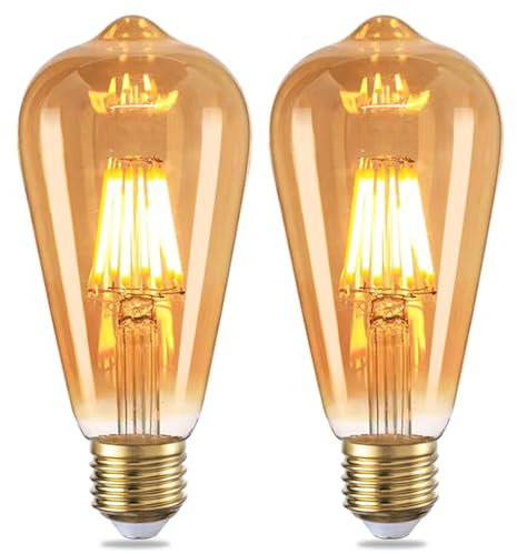 YOUDIAN LED Edison Bulb, Vintage Light Bulb,6W E27 2700K ST64 LED Bulbs, Led Filament Bulbs, Antique Style 2700K Retro Amber Glass Screw Lamp 220V (2 Packs)