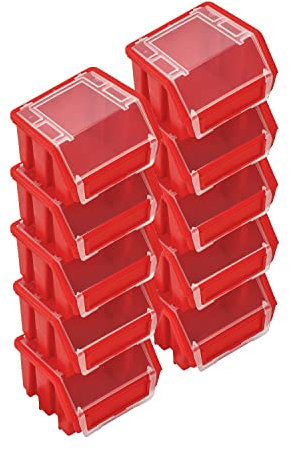 PAFEN Stapelboxen Set – 10x Stapelbox mit Deckel 115 x 75 x 118 mm – Sichtbox Stapelbox für Werkzeugwand Lagerbox, Rot