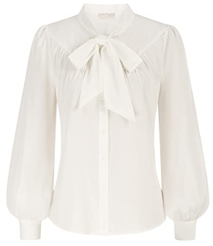 Women Victorian Blouse Vintage Stand Collar Bell Sleeve Shirt with Bow-Tie Ivory XXL