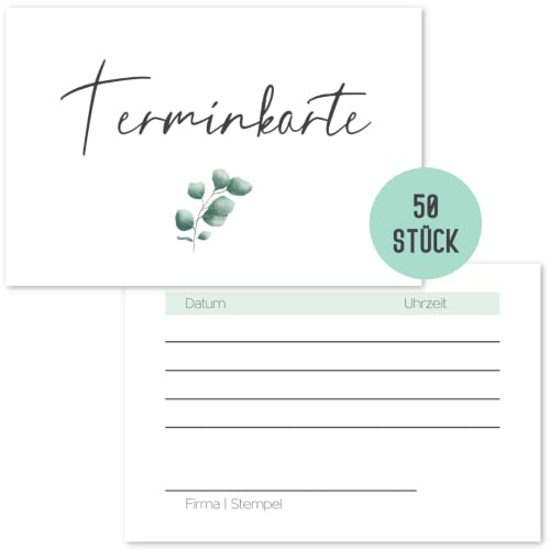Things of Happiness Blanko Terminkarten (50 Stück) im schlichten Design | Terminkarte für Nagelstudio, Friseur, Massage, Kosmetik, Physiotherapeut (Terminkarte Eucalyptus)