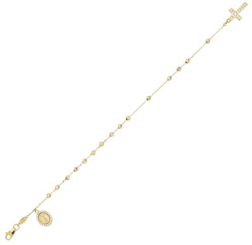 JC Schmuck | Damen Rosenkranz-Armband mit Mutter Maria mit Zirkonia Steine 585 Gold I Kugel Armband mit Kreuz Goldarmband Ankerkette | Länge verstellbar bis 19 cm | 8407
