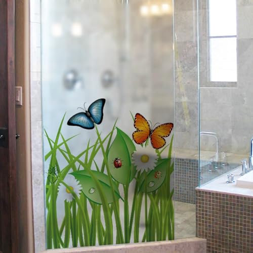 Fensterfolie Grüner Gras Schmetterling Fensterfolie Blickdicht Sichtschutzfolie Fenster Static Milchglasfolie Folie Fenster Sichtschutz Home Office Fensterfolie Selbsthaftend 4P/60x116cm