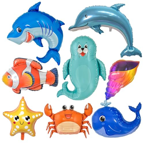 Sea Animal Balloons - Large Shark Dolphin Whale Fish Creature Foil Balloons for Under The Sea and Ocean Theme Party Decorations - Pack of 8