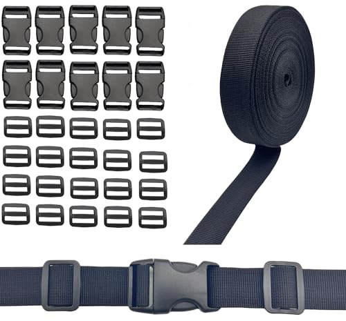 TAIYUNWEI Nylon Webbing Strap 1 inch/2.5cm Wide x 32.8ft/10m, Nylon Strap + with 10pcs Side Release Buckles & 20pcs Adjustable Buckles for DIY and Outdoor Use
